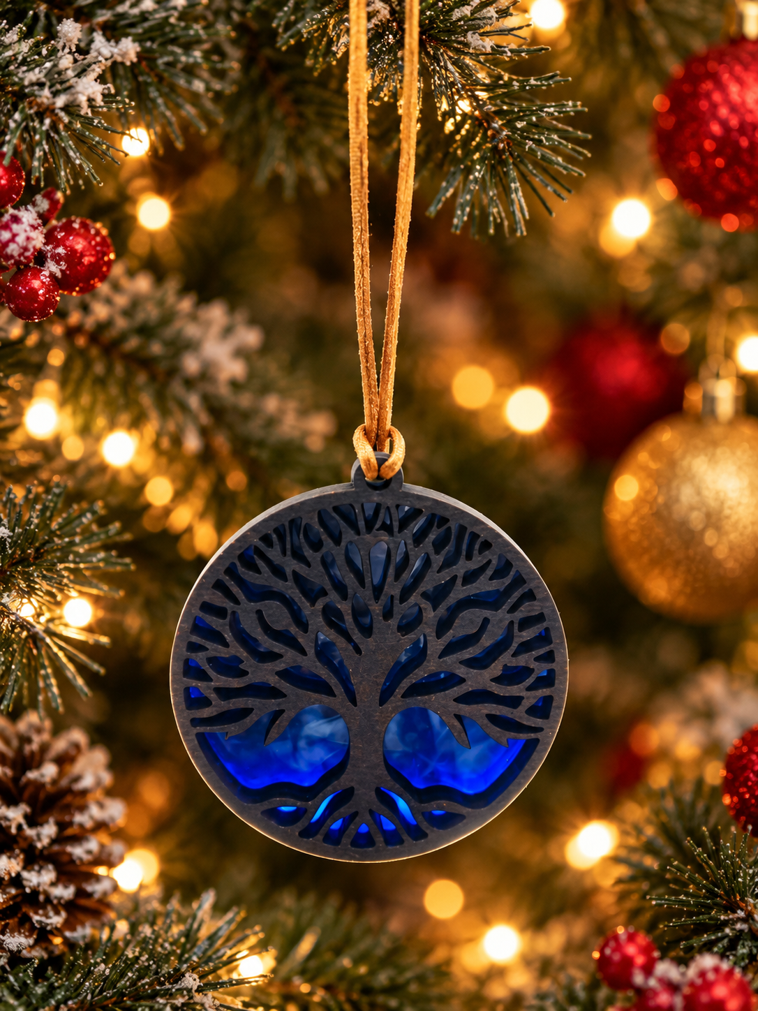 Tree of Life Christmas Ornament – Layered Wood & Blue Acrylic