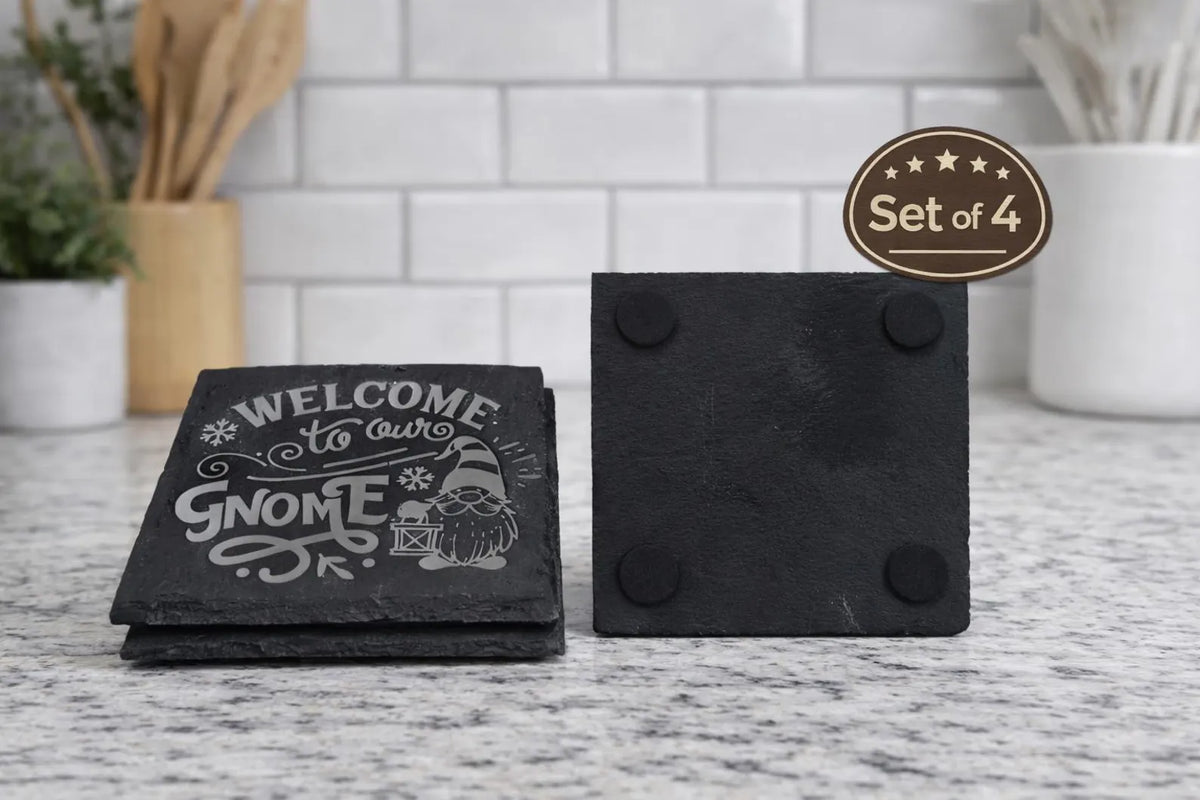 Laser engraved gnome slate coaster set (set of 4),Welcome to Our Gnome,rustic holiday decor