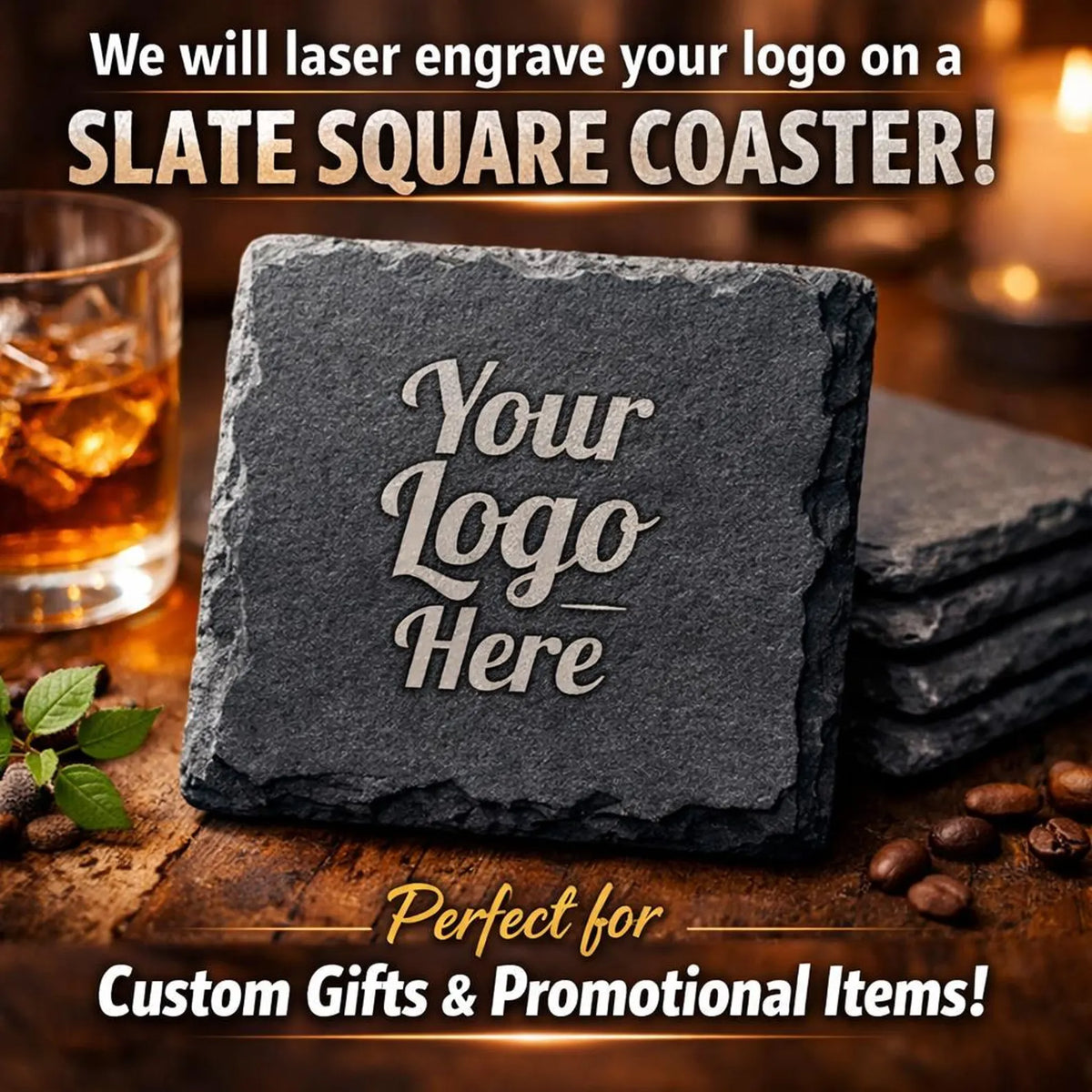 Personalized Laser Engraved Slate Coaster Set of 4 – Business Logo Promotional Item