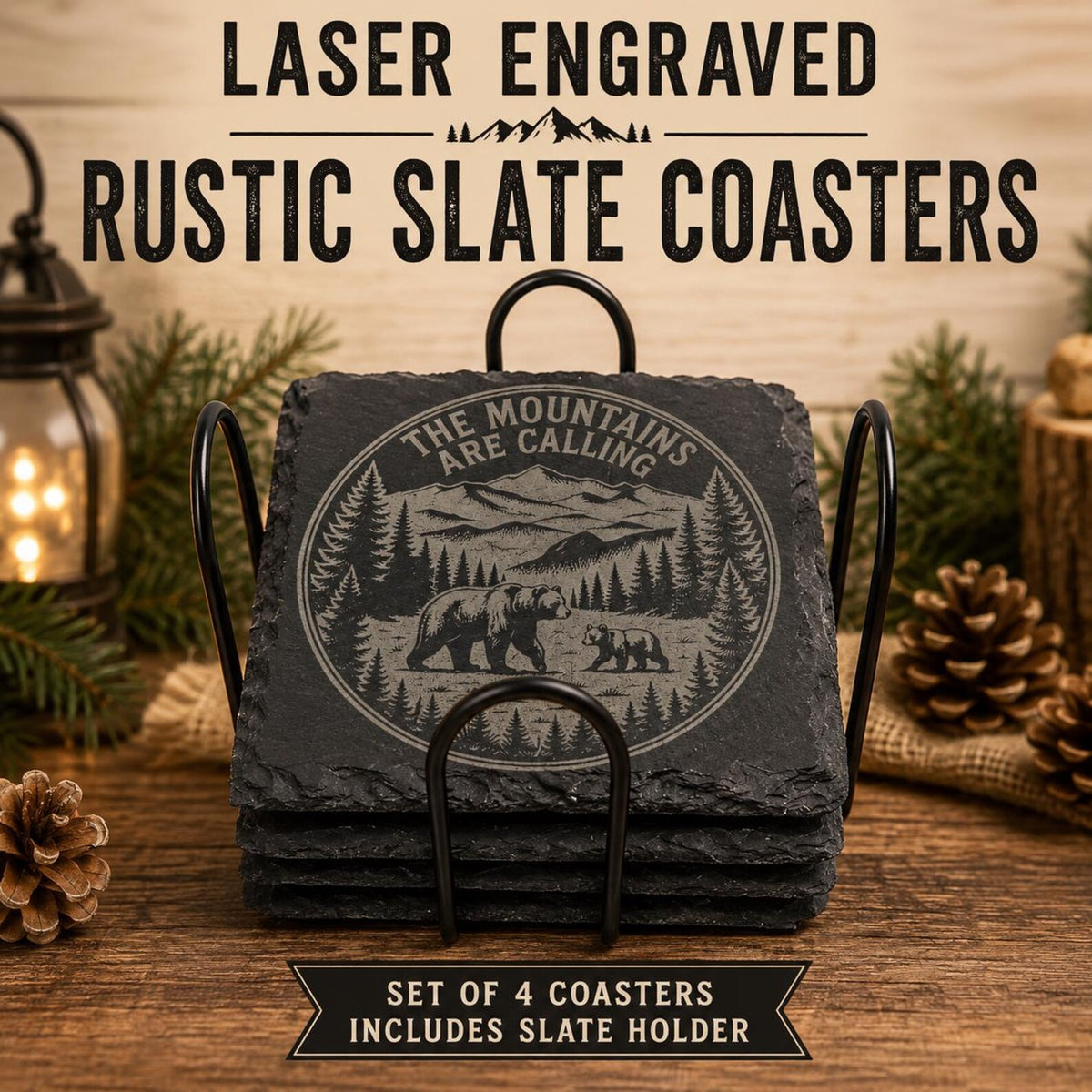 Laser Engraved Rustic Slate Coasters, Mountain Bear Cabin Decor Set,The Mountains Are Calling