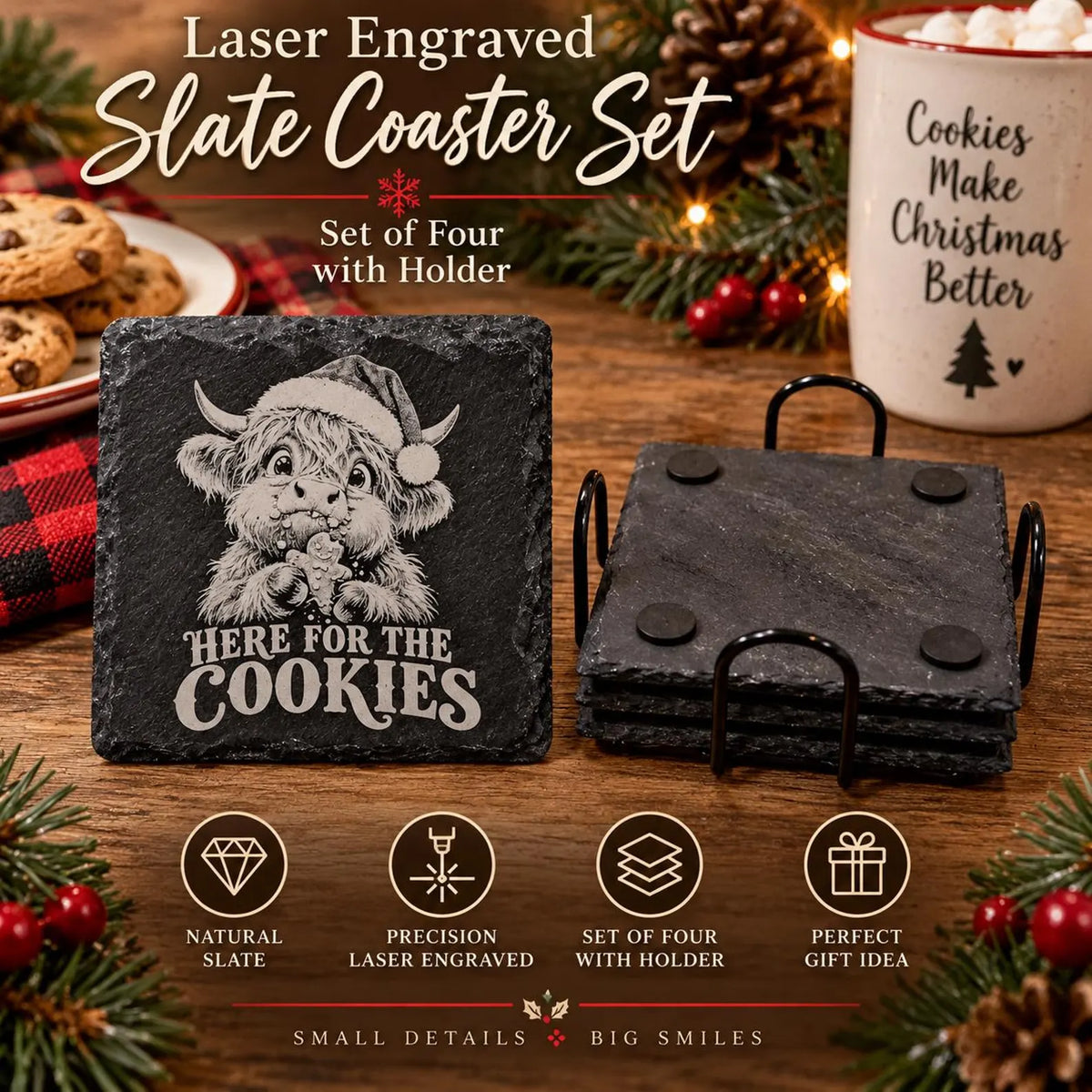 Christmas Highland Cow Slate Coasters, Laser Engraved, Set of 4 with Holder