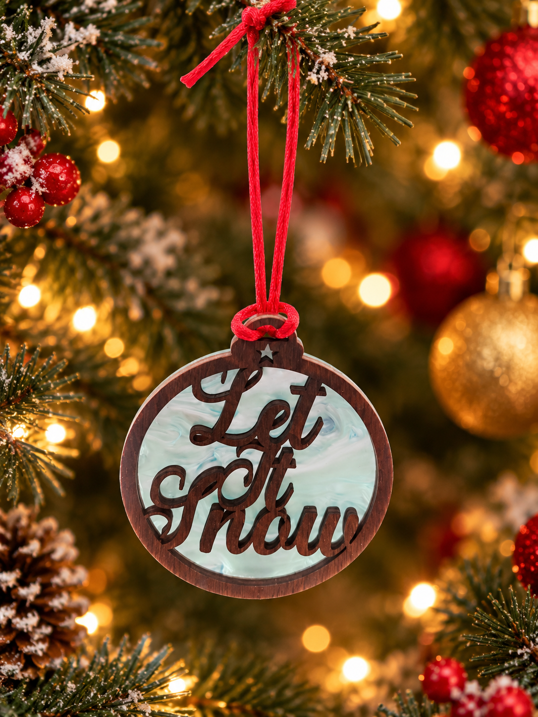 Let It Snow Christmas Ornament – Layered Wood & White Crystal Acrylic