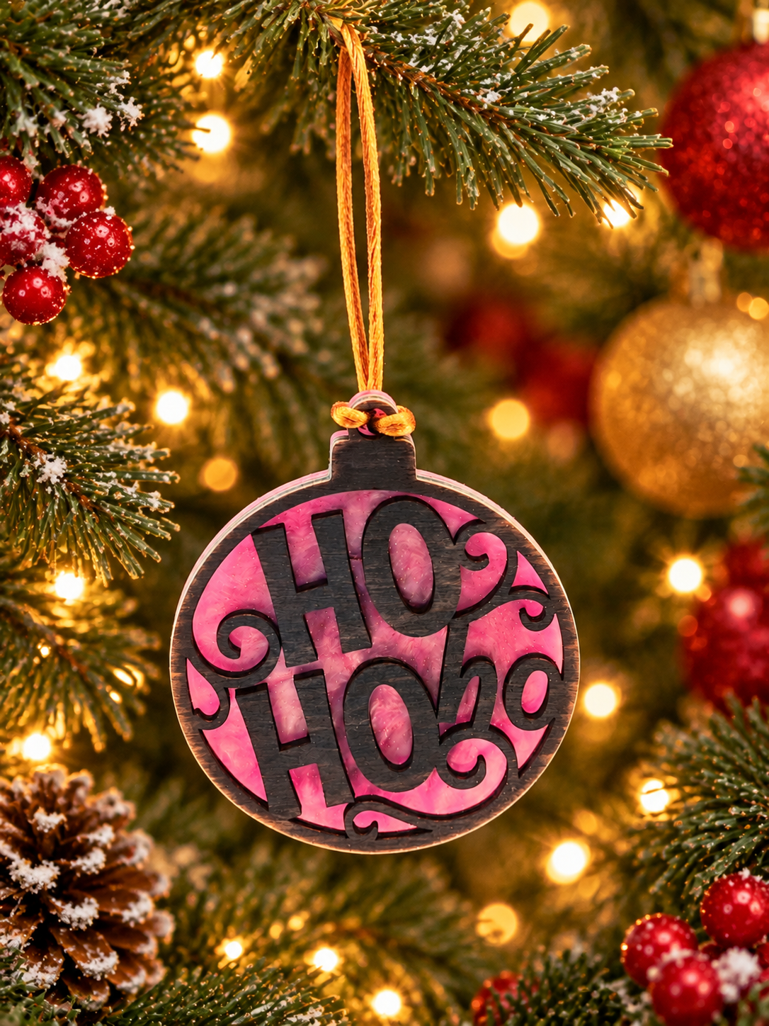 Ho Ho Ho Christmas Ornament, Layered Wood Over Acrylic Ornament, Strawberry Pink Acrylic Christmas Tree Decoration