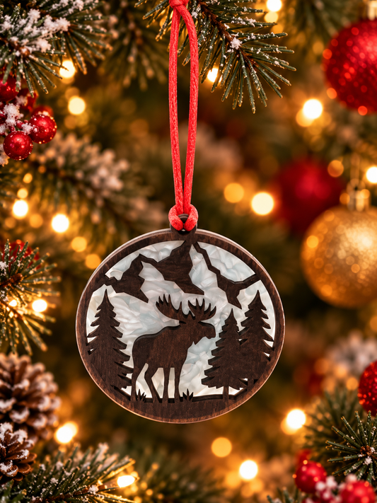 Moose Woodland Christmas Ornament – Layered Wood & White Crystal Acrylic