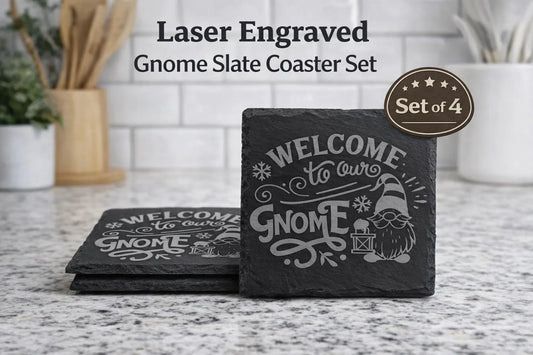 Laser engraved gnome slate coaster set (set of 4),Welcome to Our Gnome,rustic holiday decor