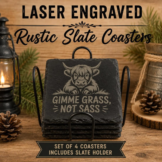 Laser Engraved Highland Cow Slate Coasters (Set of 4), Gimme Grass Not Sass,Rustic Farmhouse Decor