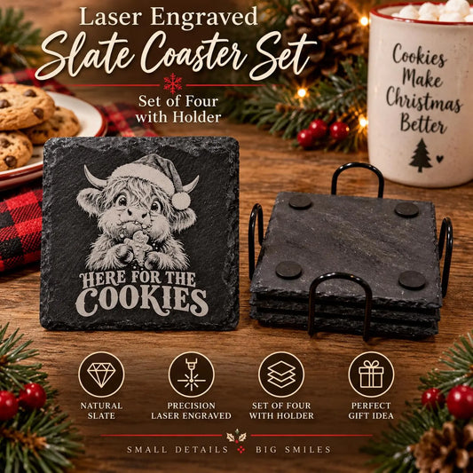 Christmas Highland Cow Slate Coasters, Laser Engraved, Set of 4 with Holder